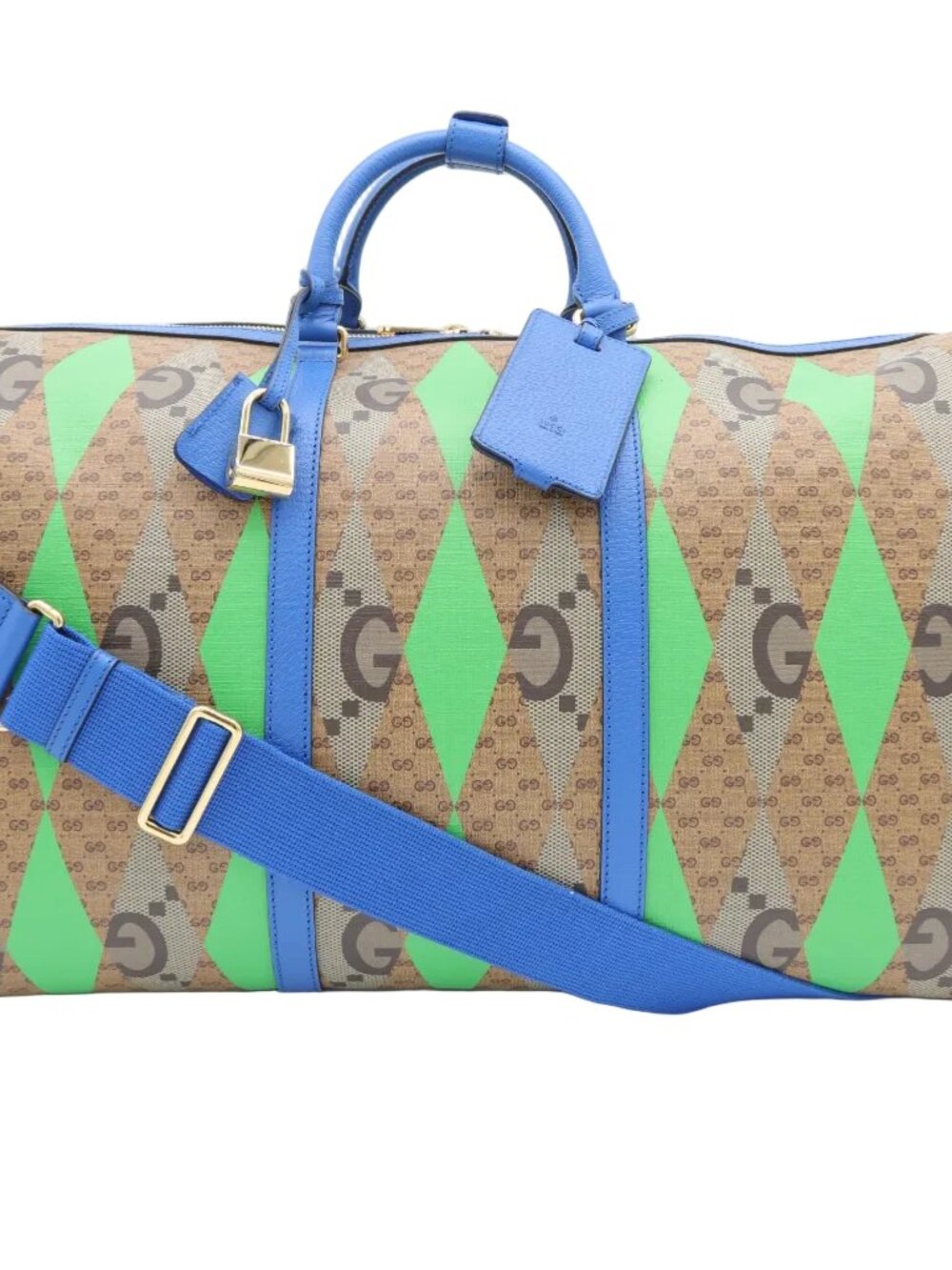 Gucci Geometric Weekender Duffle – GG Canvas, Blue Leather Trim (Pre-Owned)
